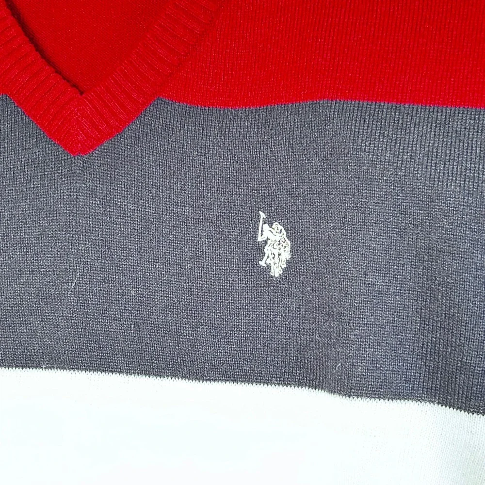 U.S. Polo Assn. Mens Sweater Medium V Neck Striped‎ Red Blue Gray White Logo